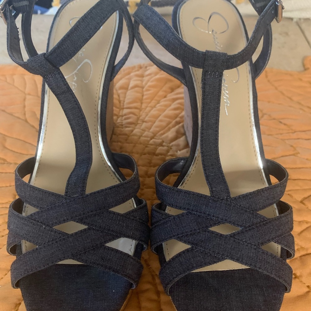 Jessica Simpson size 8 1/2  blue denim wedge heels. Sandals